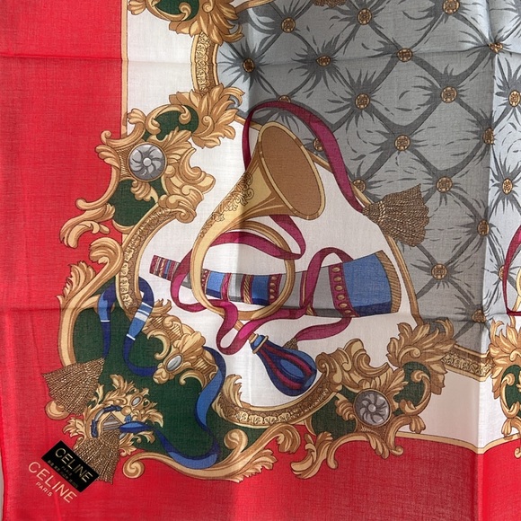 CELINE Paris  trumpet pattern Cotton Handkerchief Scarf Red and white - Picture 9 of 13